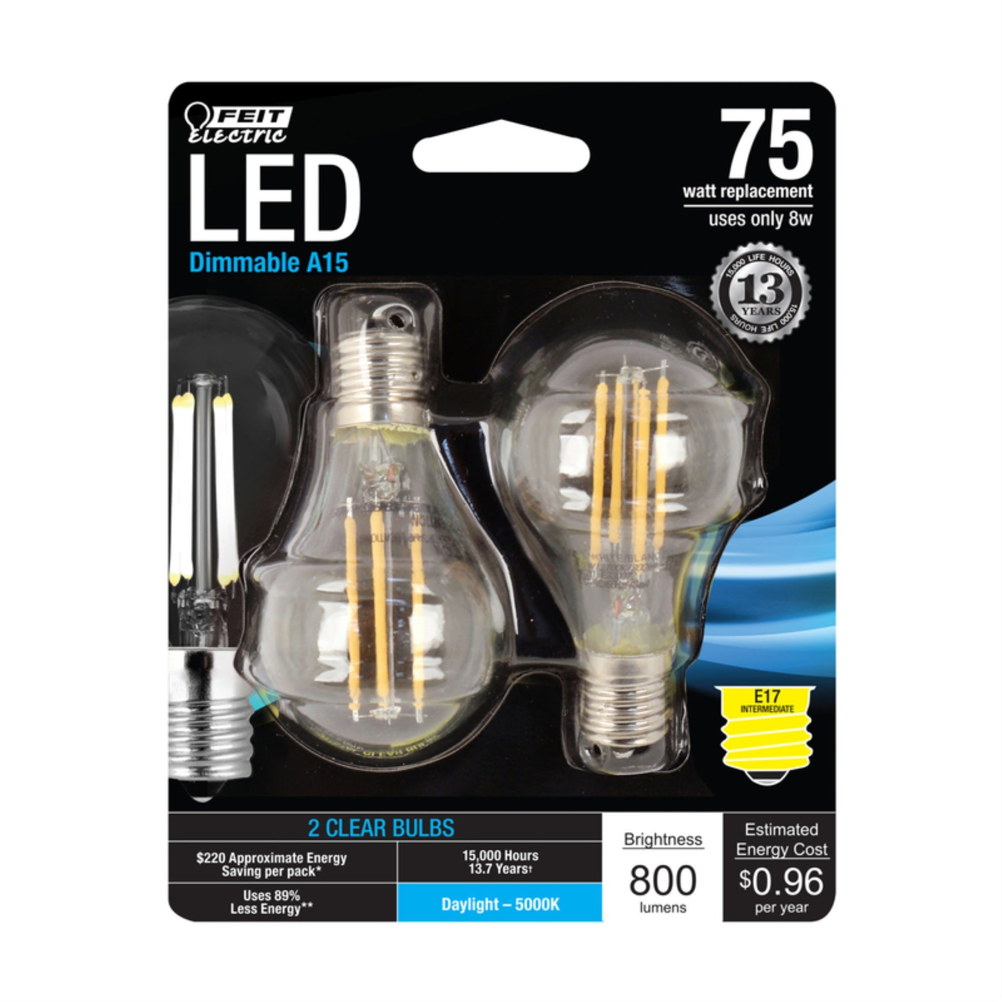 Feit Electric LED E17 Base Light Bulb, 75W EQ, 5000K Daylight, 2 Count, Model BPA1575N/850/FIL/2, Glass