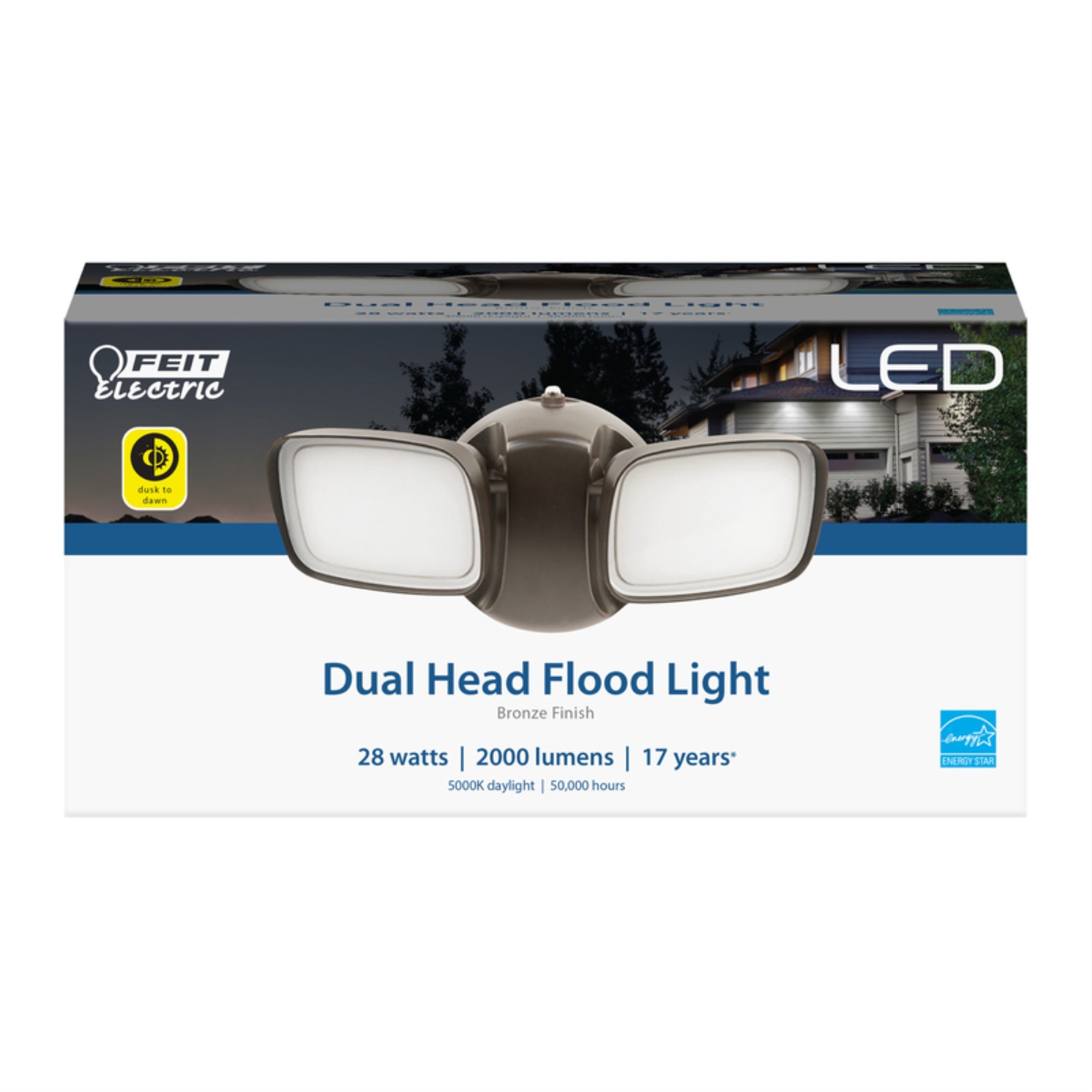 Feit Electric Outdoor LED Security Light, 28W, Dual Head, 2000 Lumens, Bronze Finish, Model S9DFL/850/DD/BZ/V1