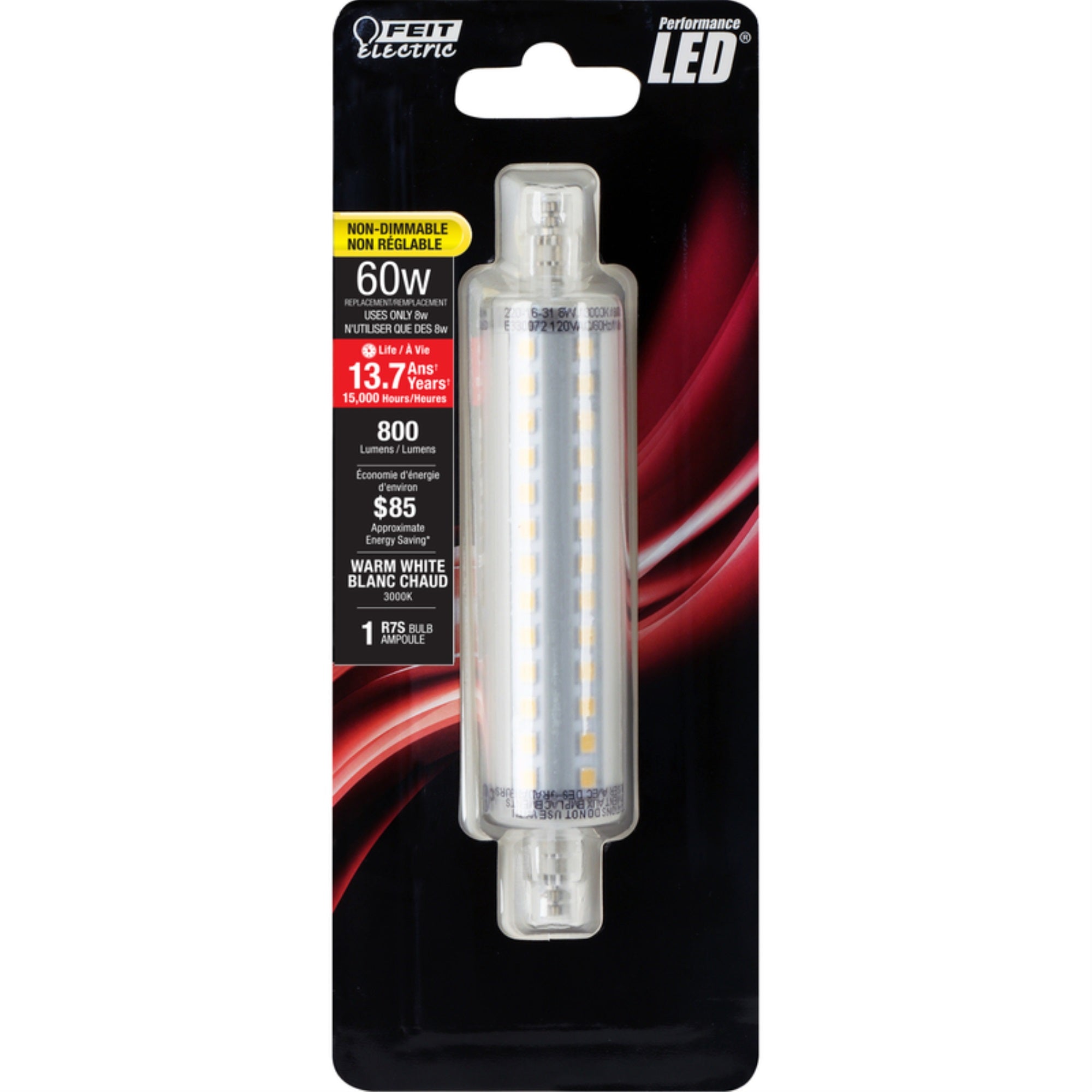 Feit Electric LED Light Bulb - 60W Equivalent, R7S, Warm White, Clear, 1 Count, Model BPJ118/LED