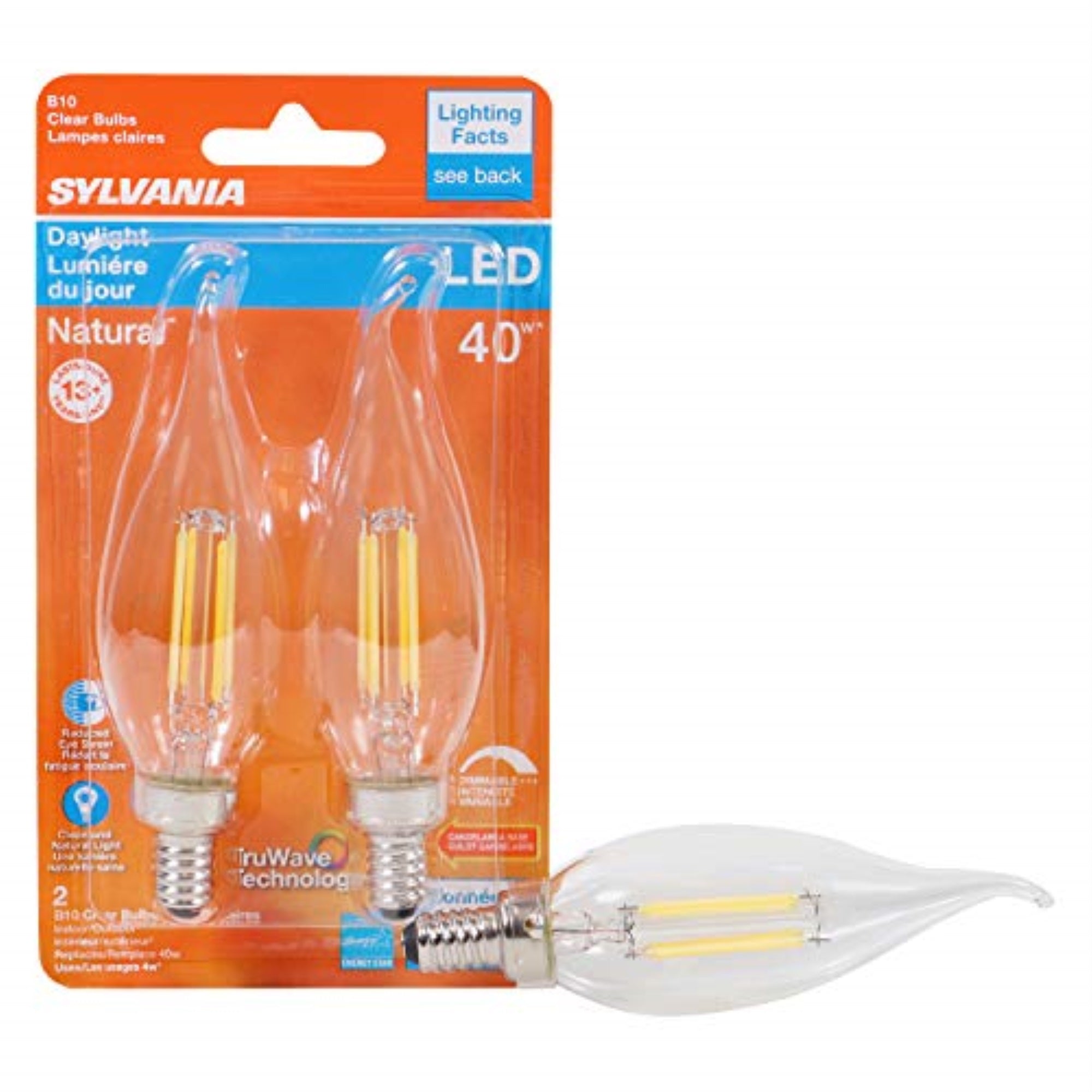 LEDVANCE SYLVANIA LED TruWave B10 Light Bulb, 40W Equivalent, Dimmable, 350 Lumens, Clear 5000K, Soft White, 2 Pack
