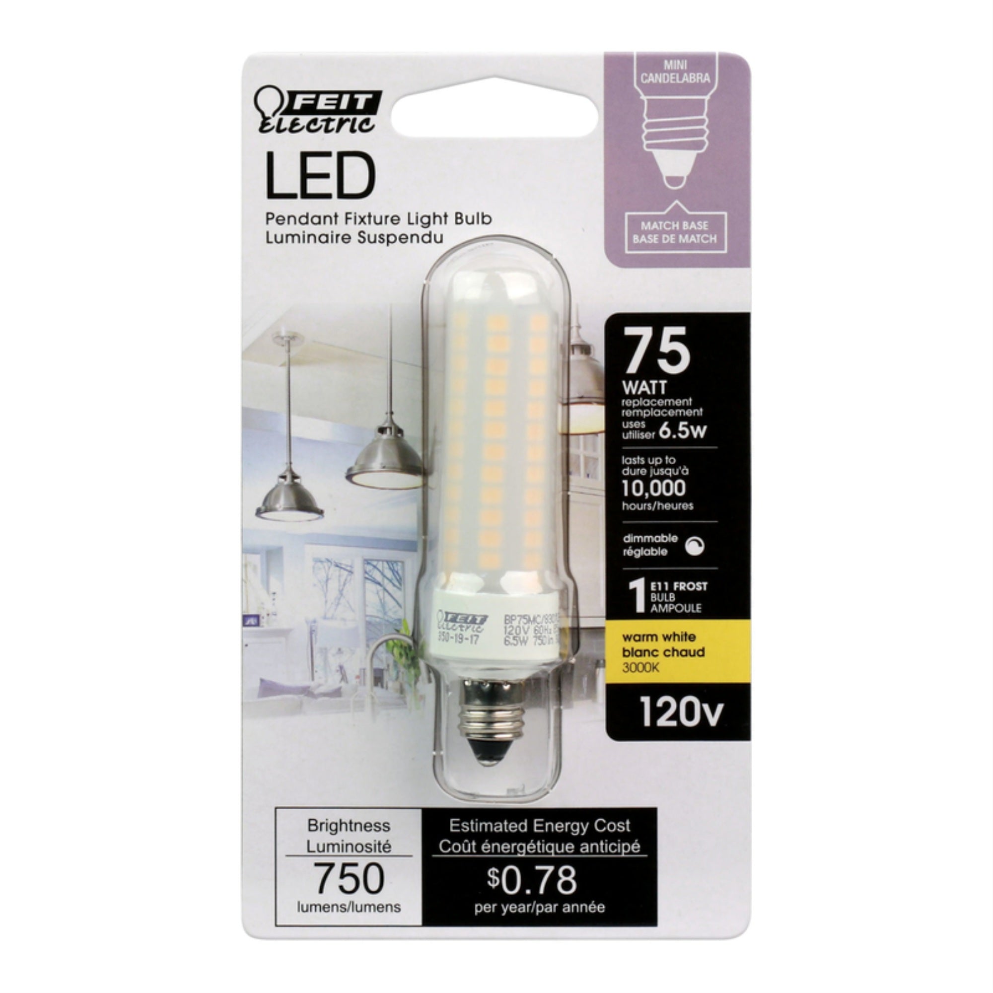 Feit Electric LED Light Bulb, Dimmable, 6.5W (75W Equivalent), 750 Lumens, 3000K Warm White, Model BP75MC/830/