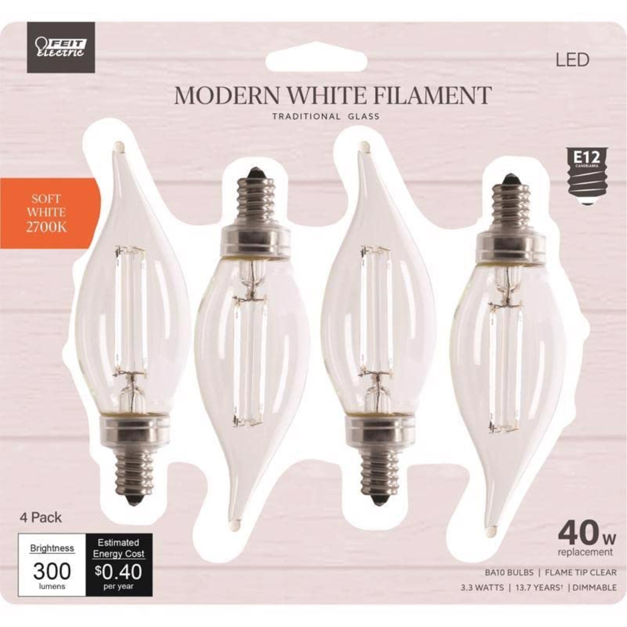 Feit Electric Soft White LED Bulb, 4-Pack, 3.3W, 40W Equivalent, E12 Base, 2700K, 90 CRI, 300 L