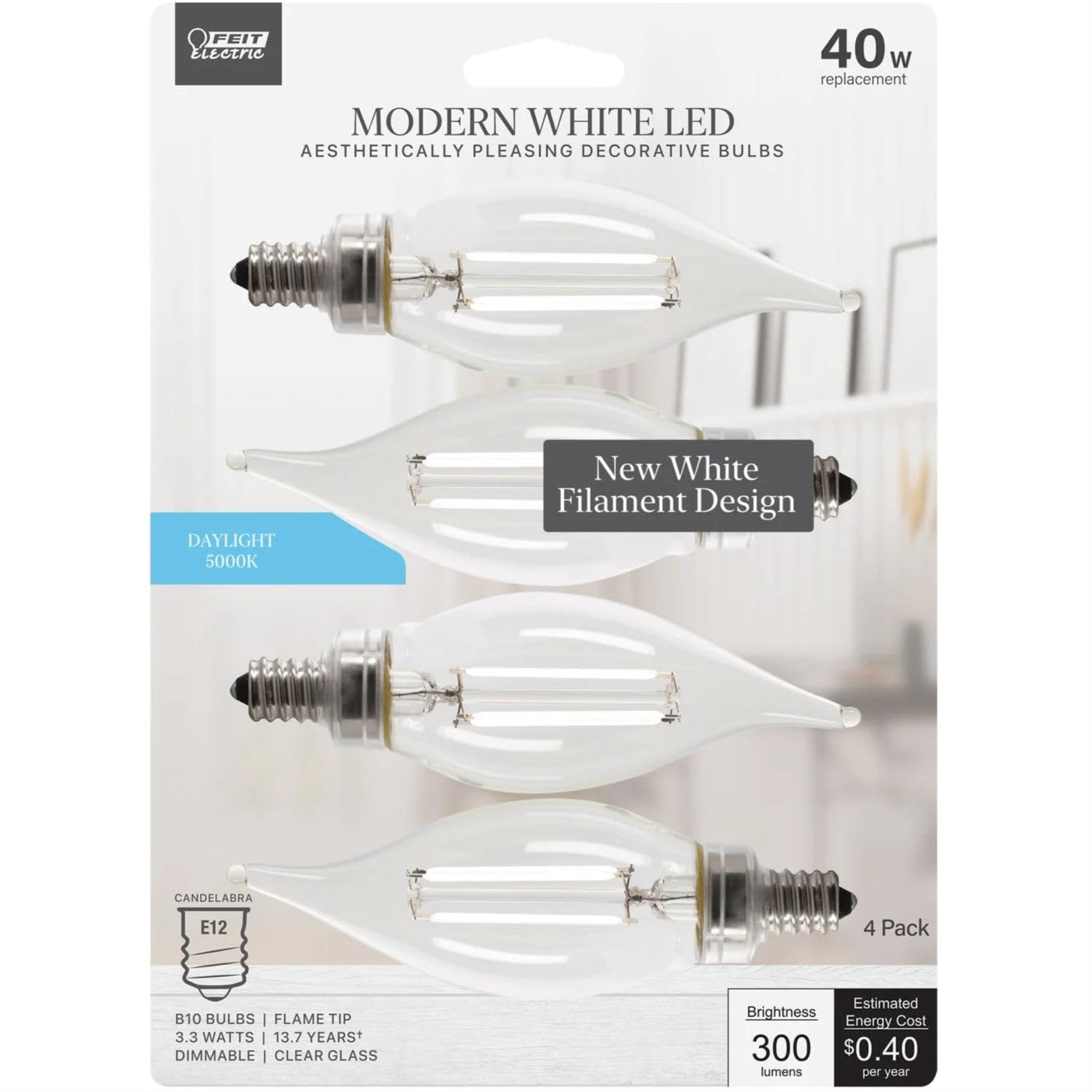 Feit Electric LED Bulb, 3.3W, 40W Equivalent, E12 Base, 5000K, 300 Lumen, Clear Glass, Box of 4, Model