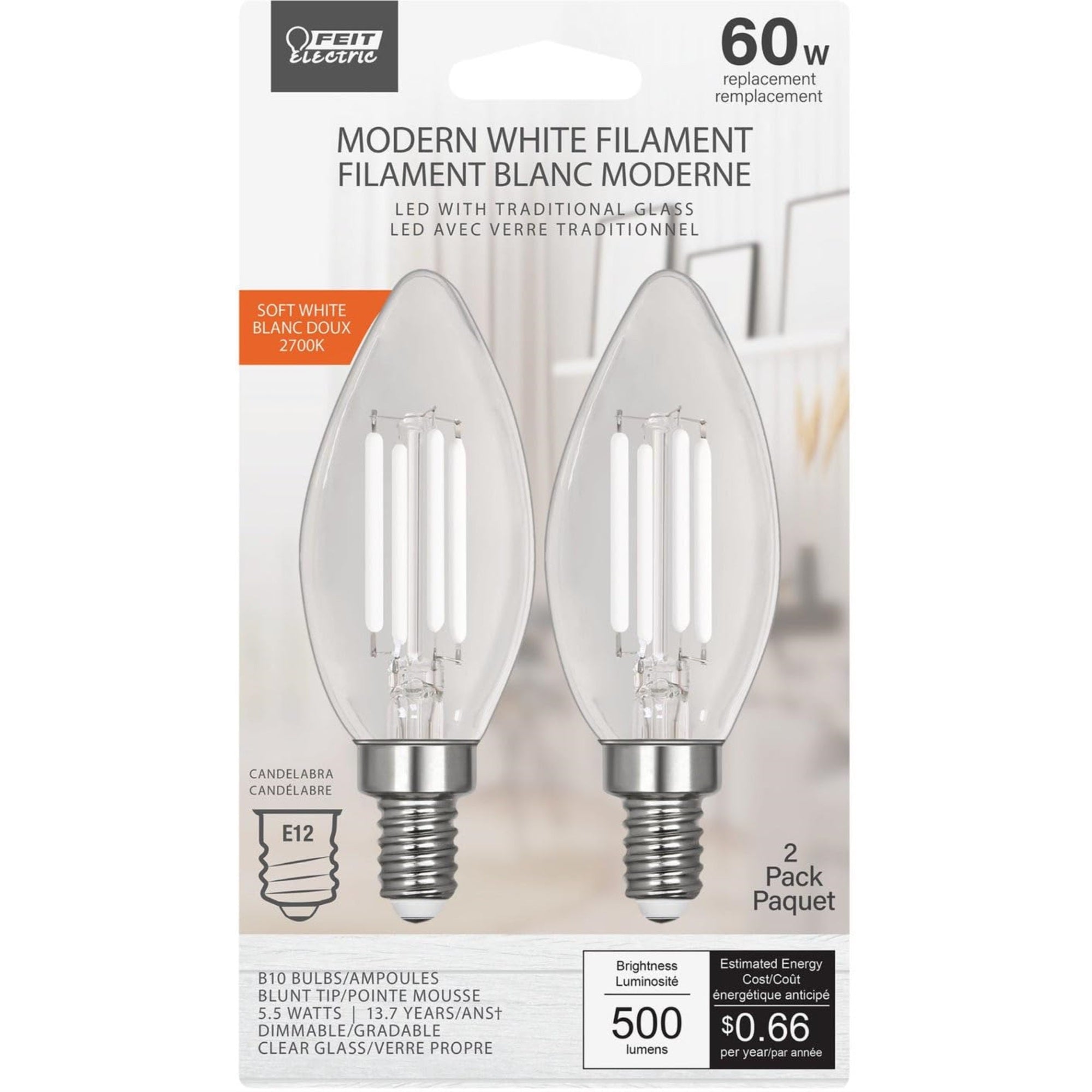 Feit Electric LED Bulb, Soft White Torpedo-Tip, 5.5W, E12 Base, 2700K, 90 CRI, 500 Lumen, Box of