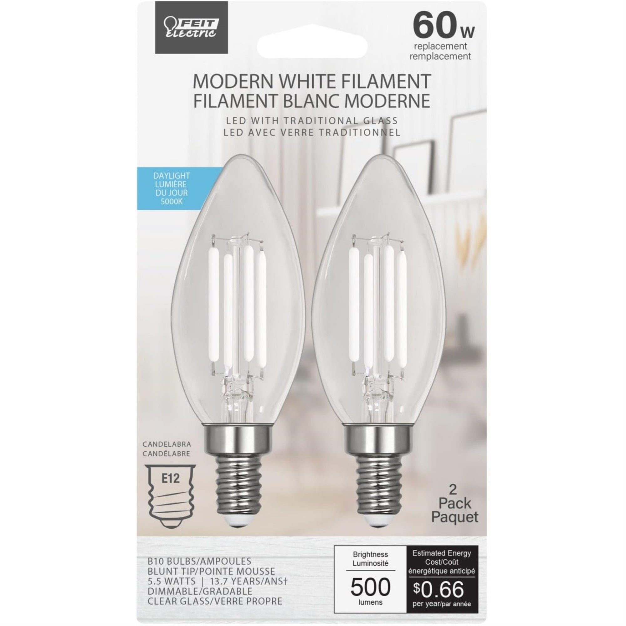 Feit Electric LED Bulb, 5.5W, 60W Equivalent, E12 Base, 5000K, 90 CRI, 500 Lumen, Clear, Model BP