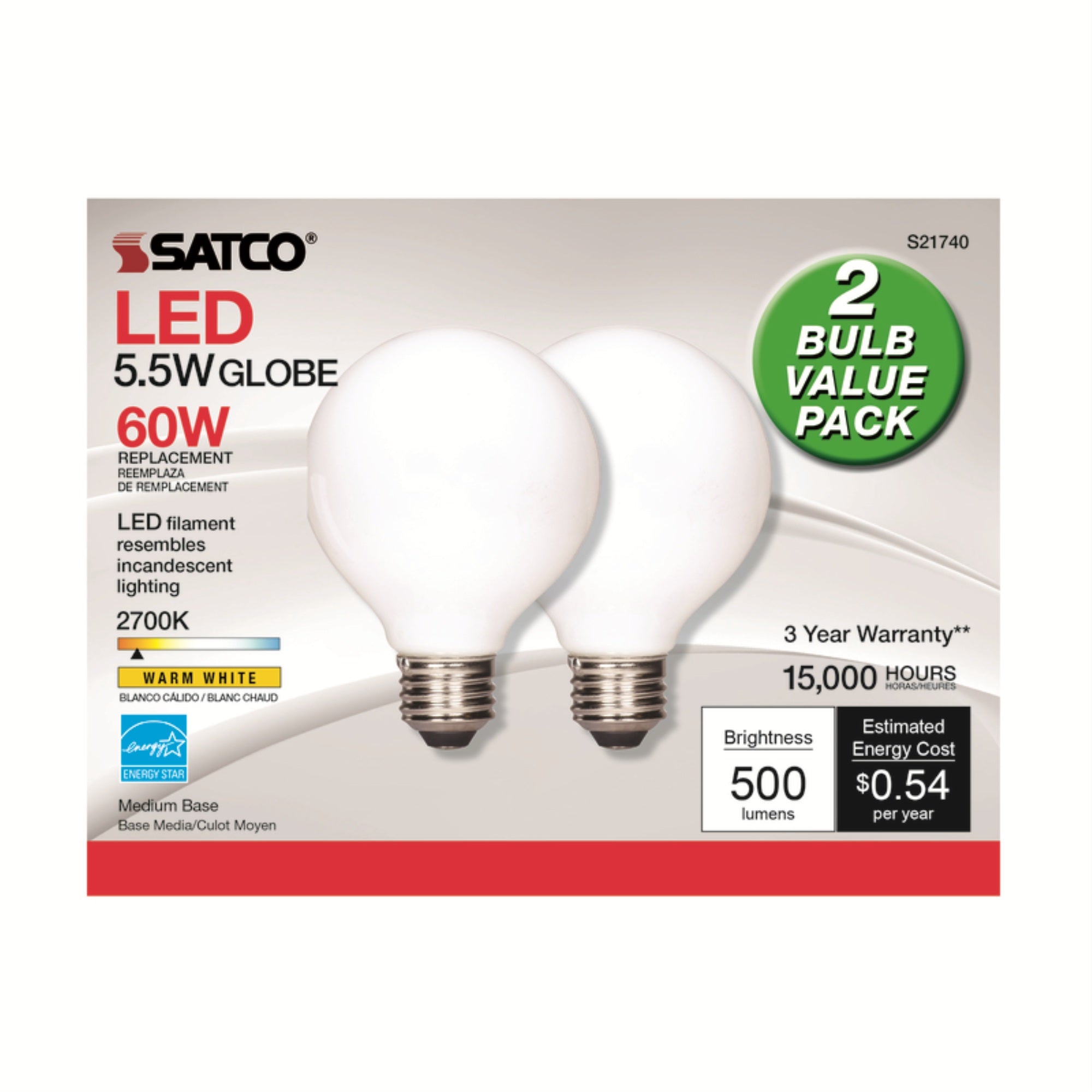 Satco S21740 Light Bulb, Glass, White, Model S21740