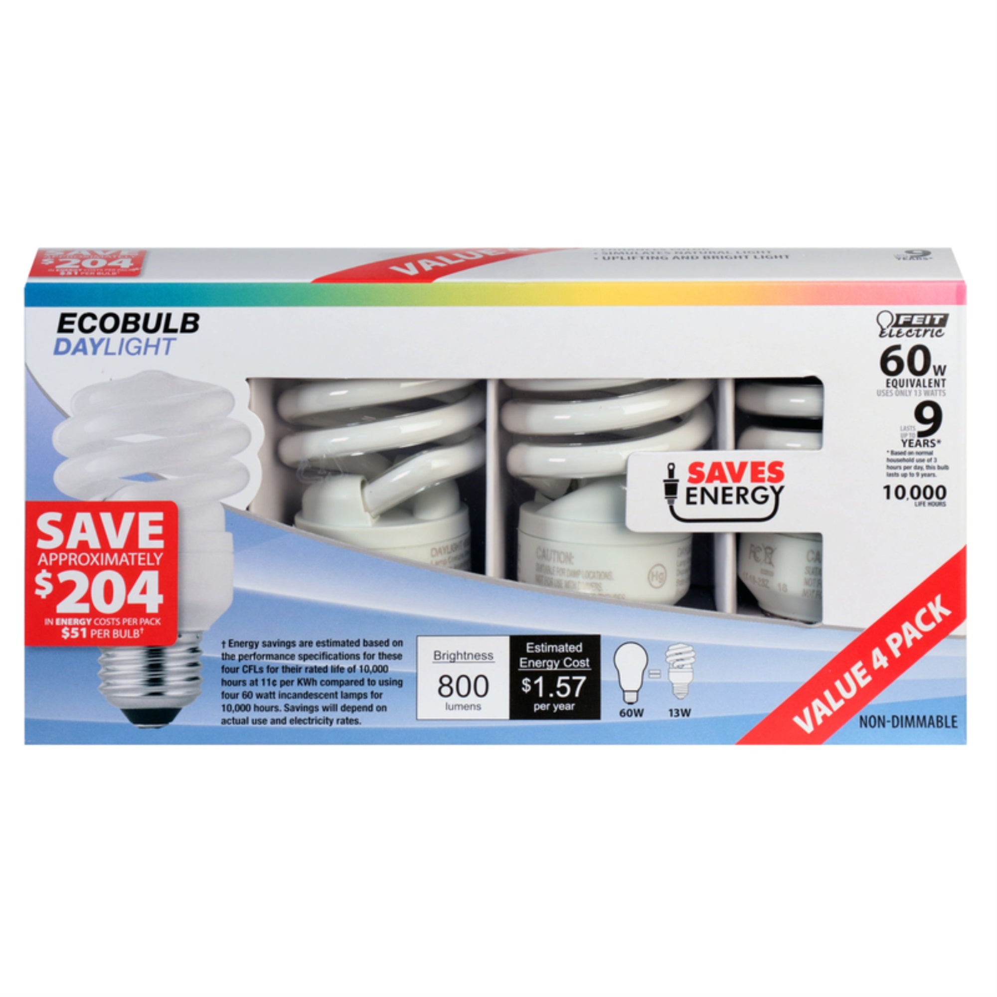Feit Electric 13W Daylight Mini Twist Light Bulbs, 4 Count, Brass, Model FBA_ESL13T/D/4, Plastic