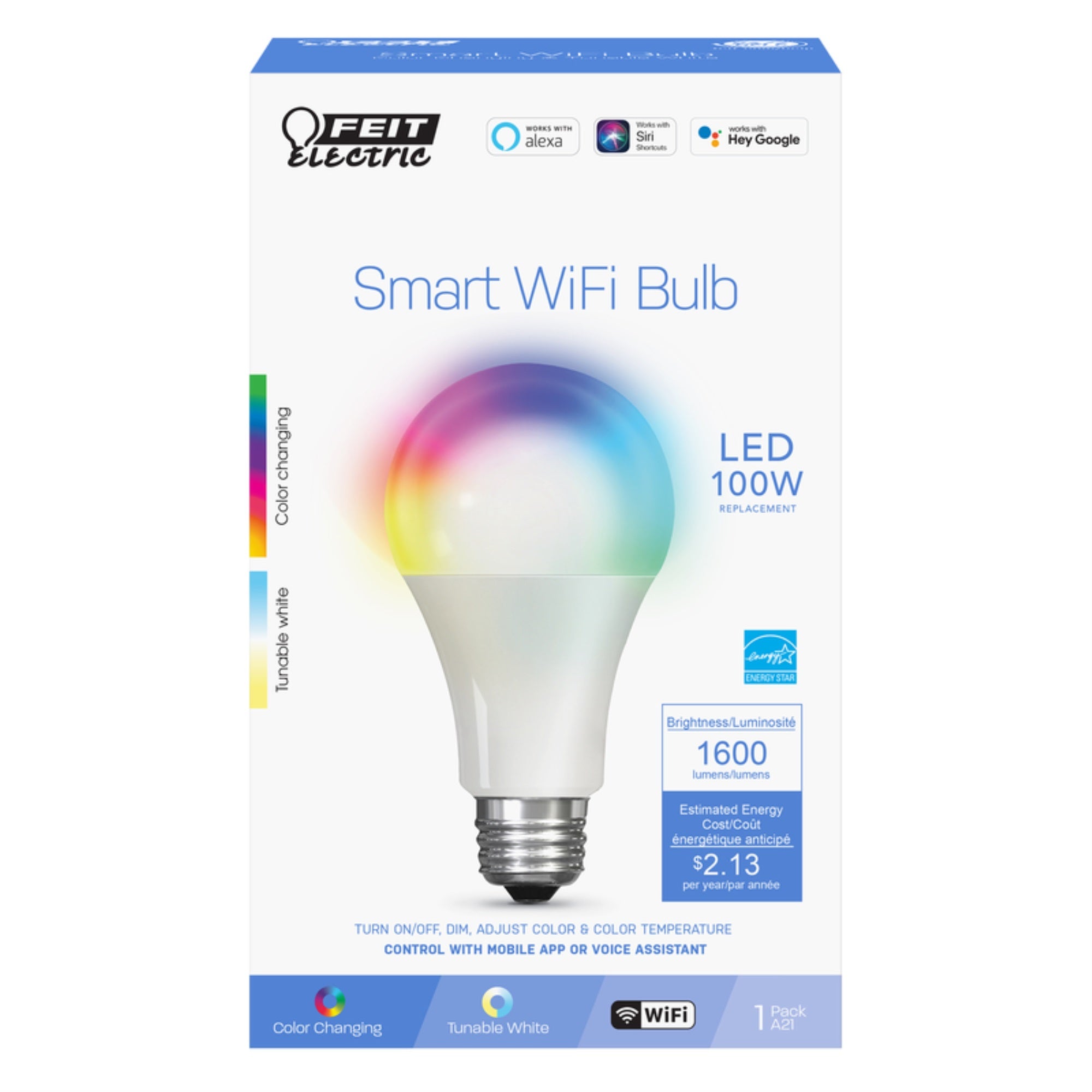 Feit Electric Smart Bulb OM100/RGBW/CA/AG, 100W Equivalent, Color Changing, Tunable White, Dimmable LED, Multi-color RGBW, 1 Pack