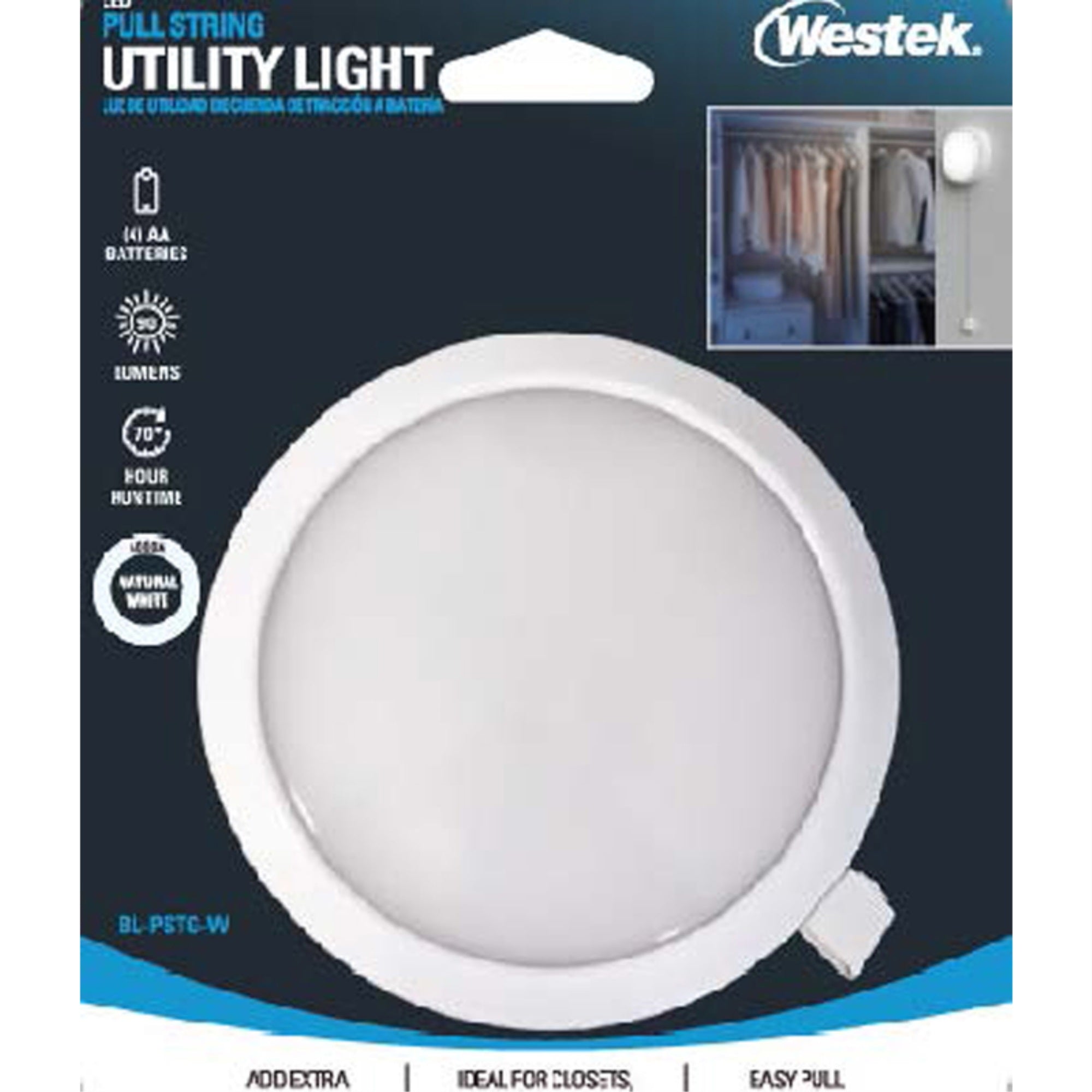 Westek LED Pull String Utility Light, Plastic, Model BL-PSTG-W, White