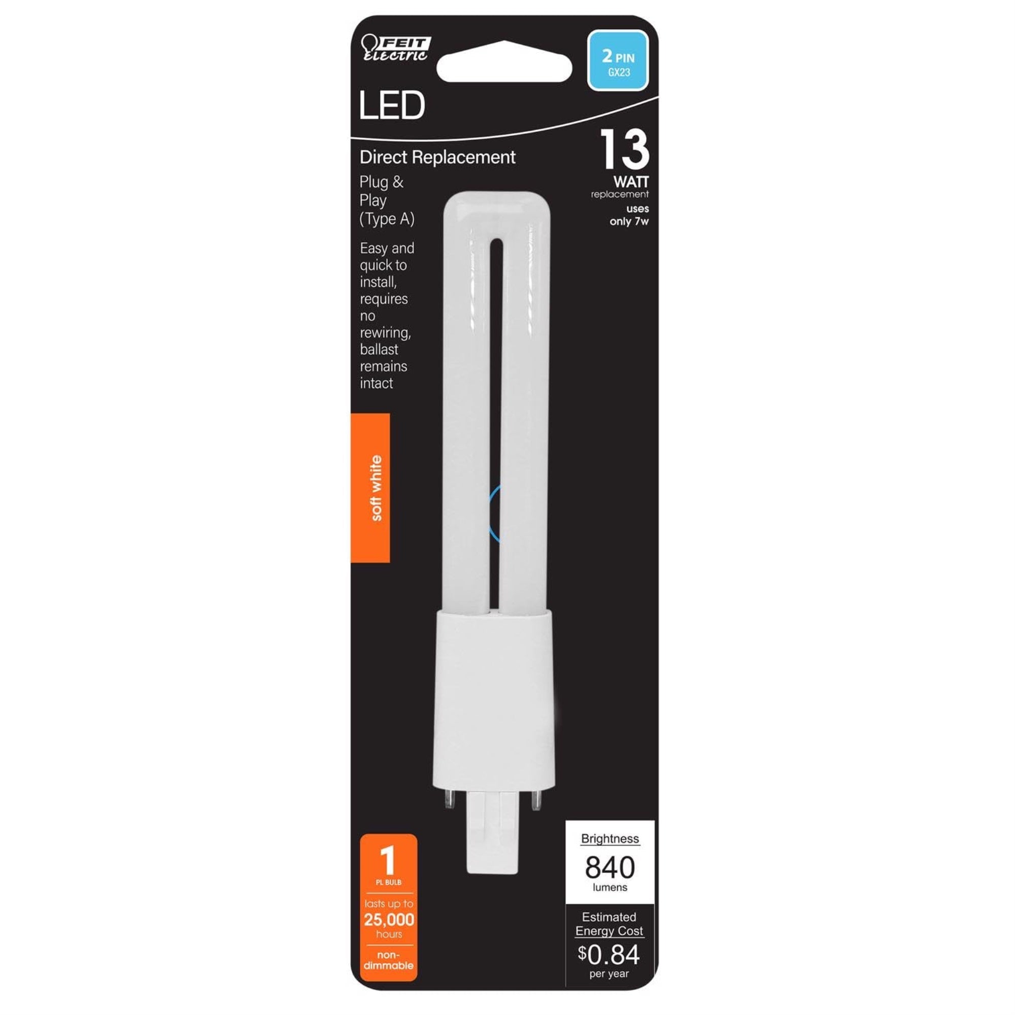 Feit Electric PL GX23 LED Tube Light 13W Equivalent, Soft White, Model BPPLD13827LDHDR, One Size