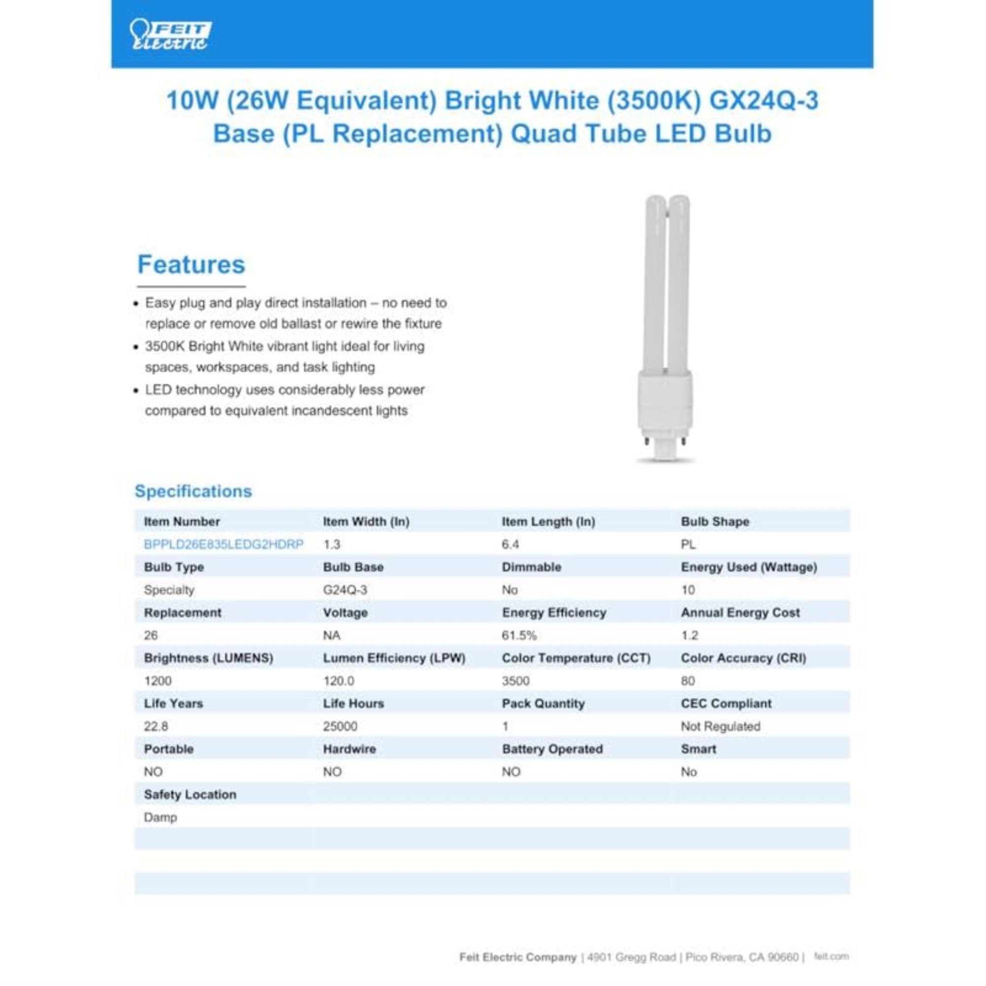 Feit Electric LED Tube Light GX24Q-3 4-Pin 26W Neutral White 1 pk