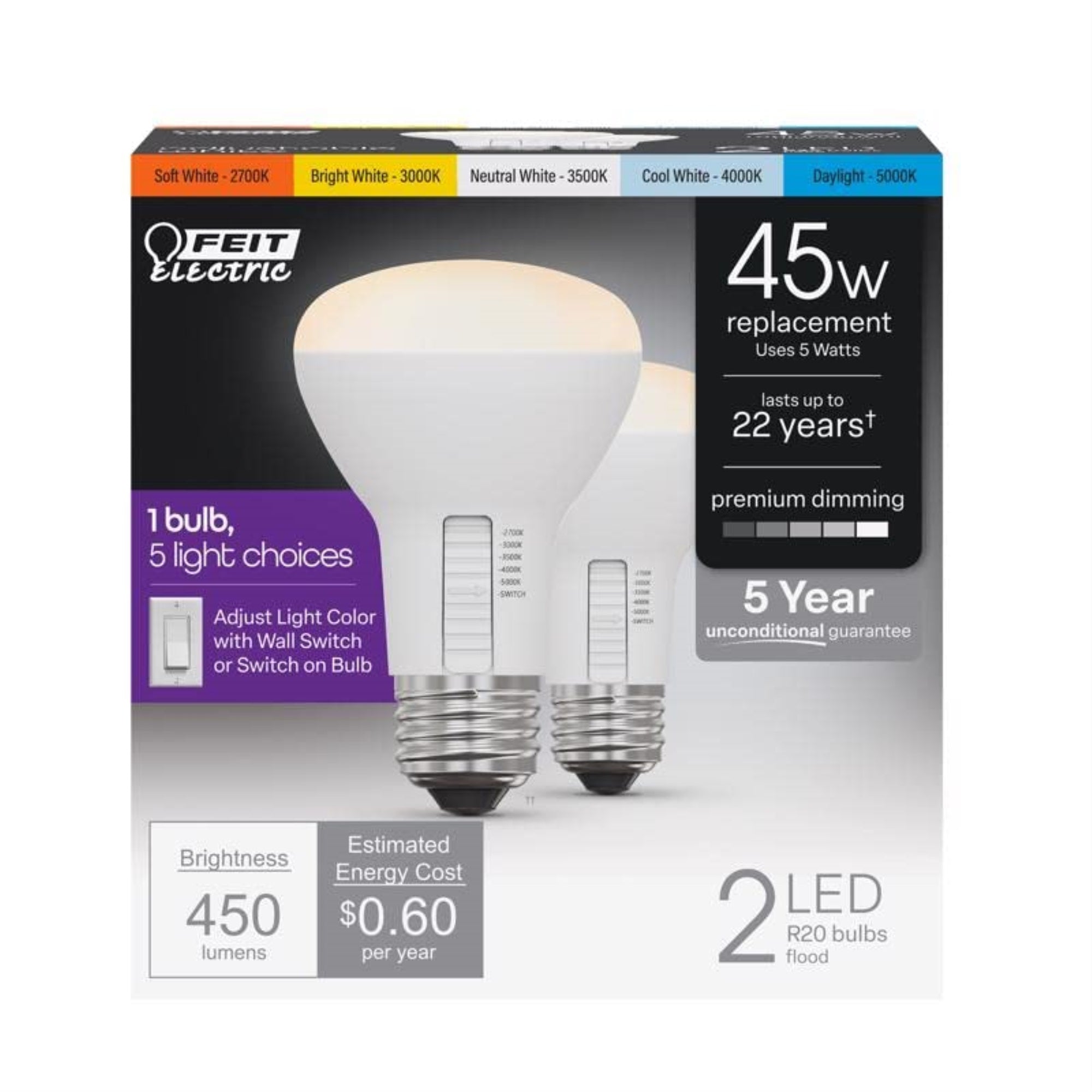Feit Electric R20 LED Light Bulb, Dimmable, Color Selectable, 450 Lumens, E26 Base, 22-Year Lifetime, R20DM/6WYCA/2