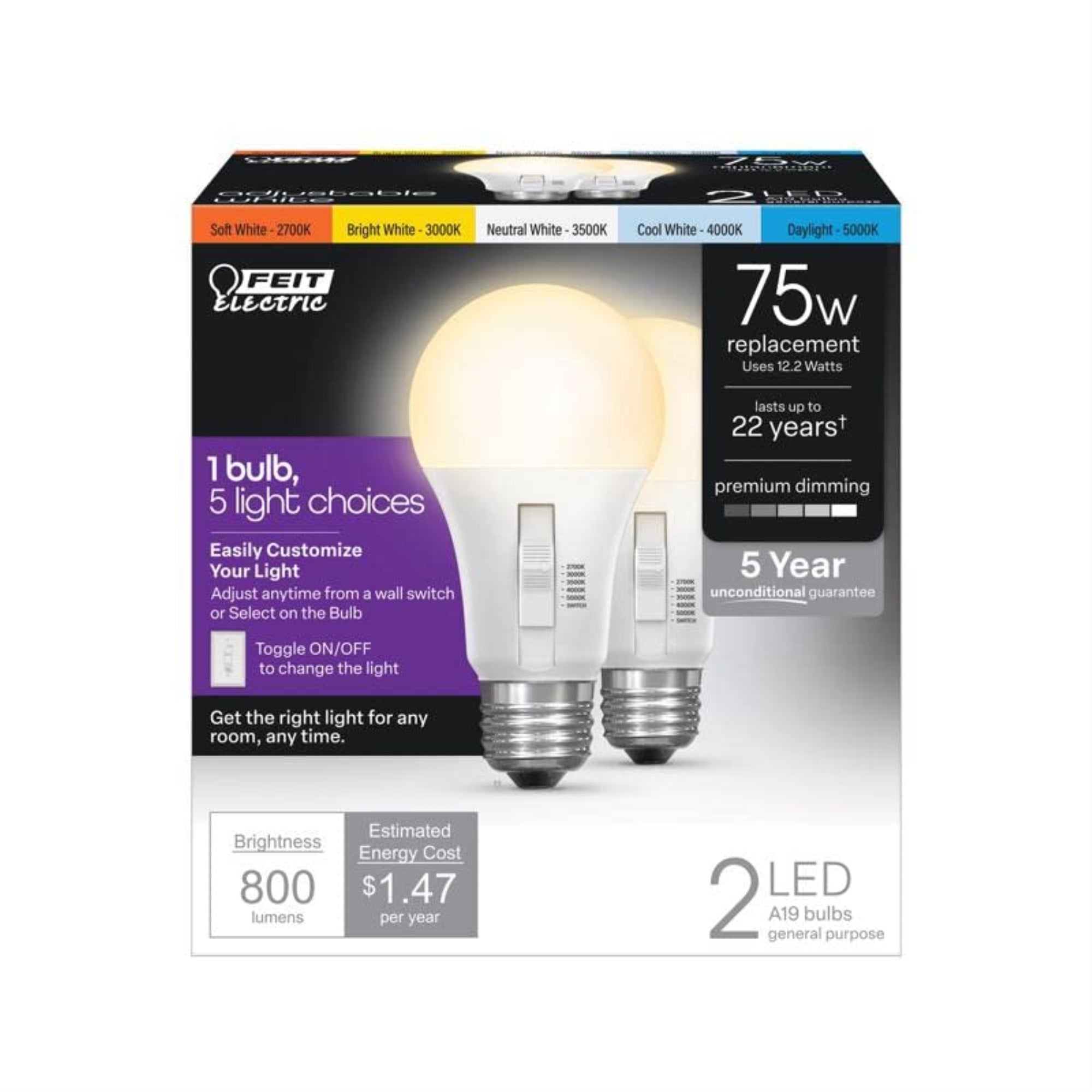 Feit Electric A19 LED Light Bulb, Dimmable, 75W Equivalent, 1100 Lumens, 6-Way Color Selectable, Damp Rated, 2 Pack, OM