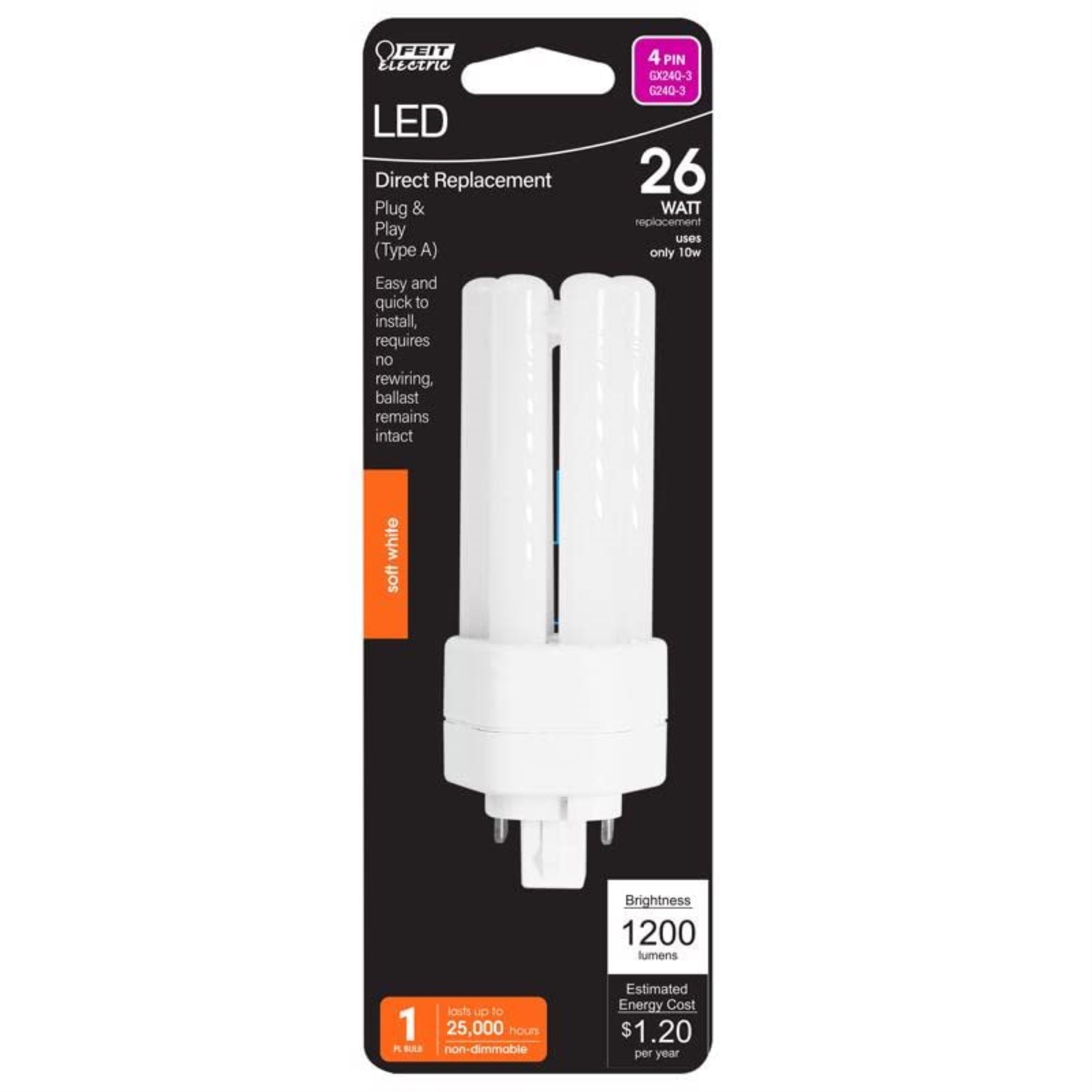 Feit Electric LED Light Bulb, 4-Pin GX24Q-3, Soft White, 26W Equivalent, Model 3011636, One Size
