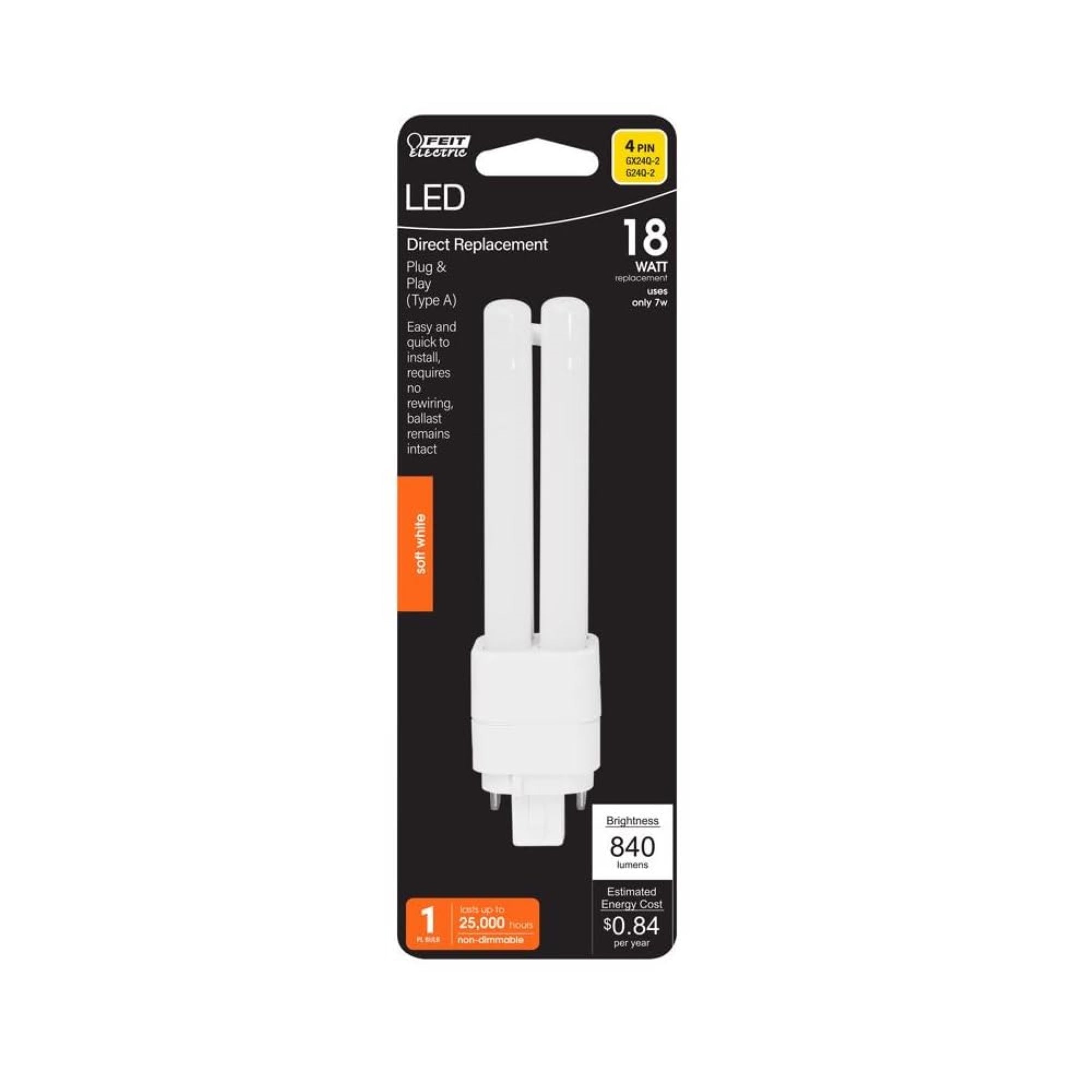 Feit Electric LED Light Bulb, 18W Equivalent, Soft White, GX24Q-1, One Size, Plastic