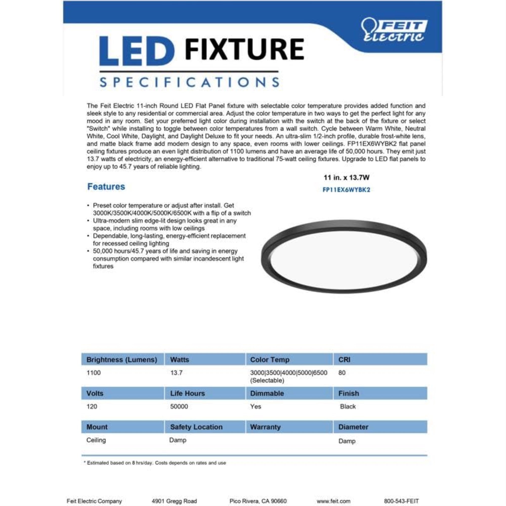 Feit Electric LED Flat Panel Light Fixture, 11 in. L, Matte Black, Model FP11EX6WYBK2, One Size, Plastic
