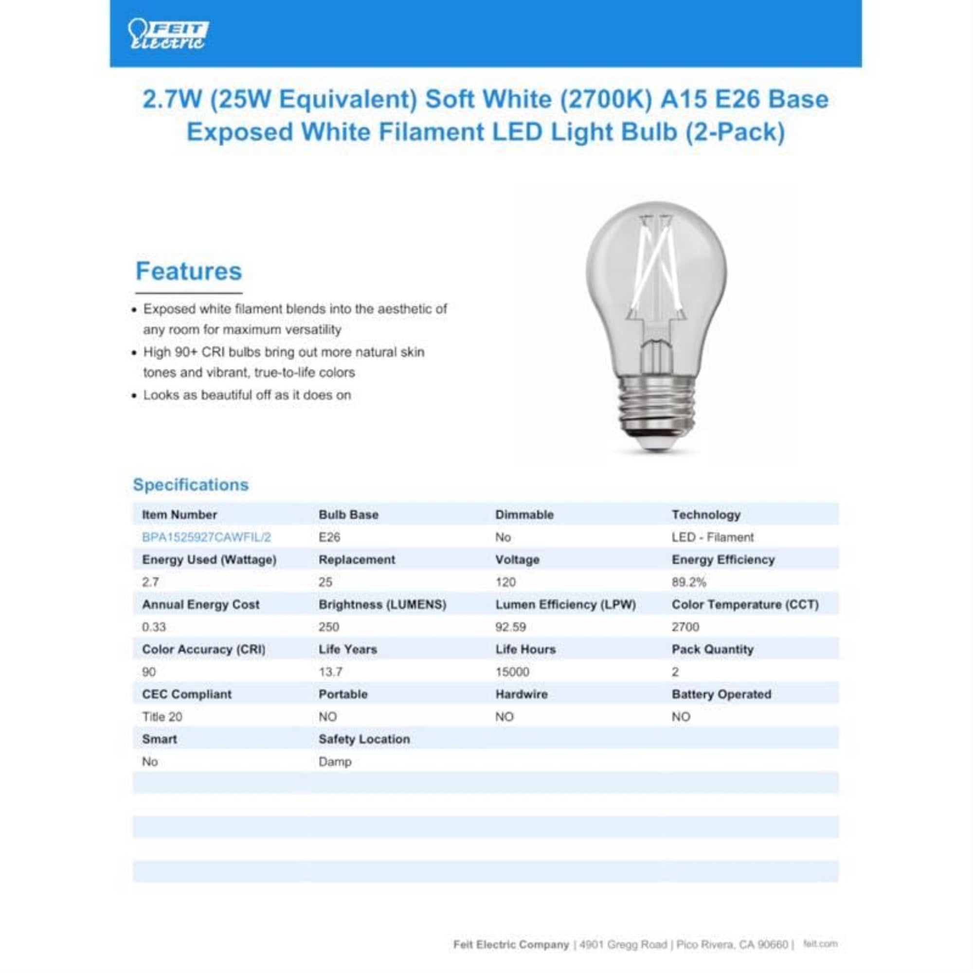 Feit Electric Filament LED Bulb A15 E26 Soft White 25W Equivalence 2 Pack Glass One Size