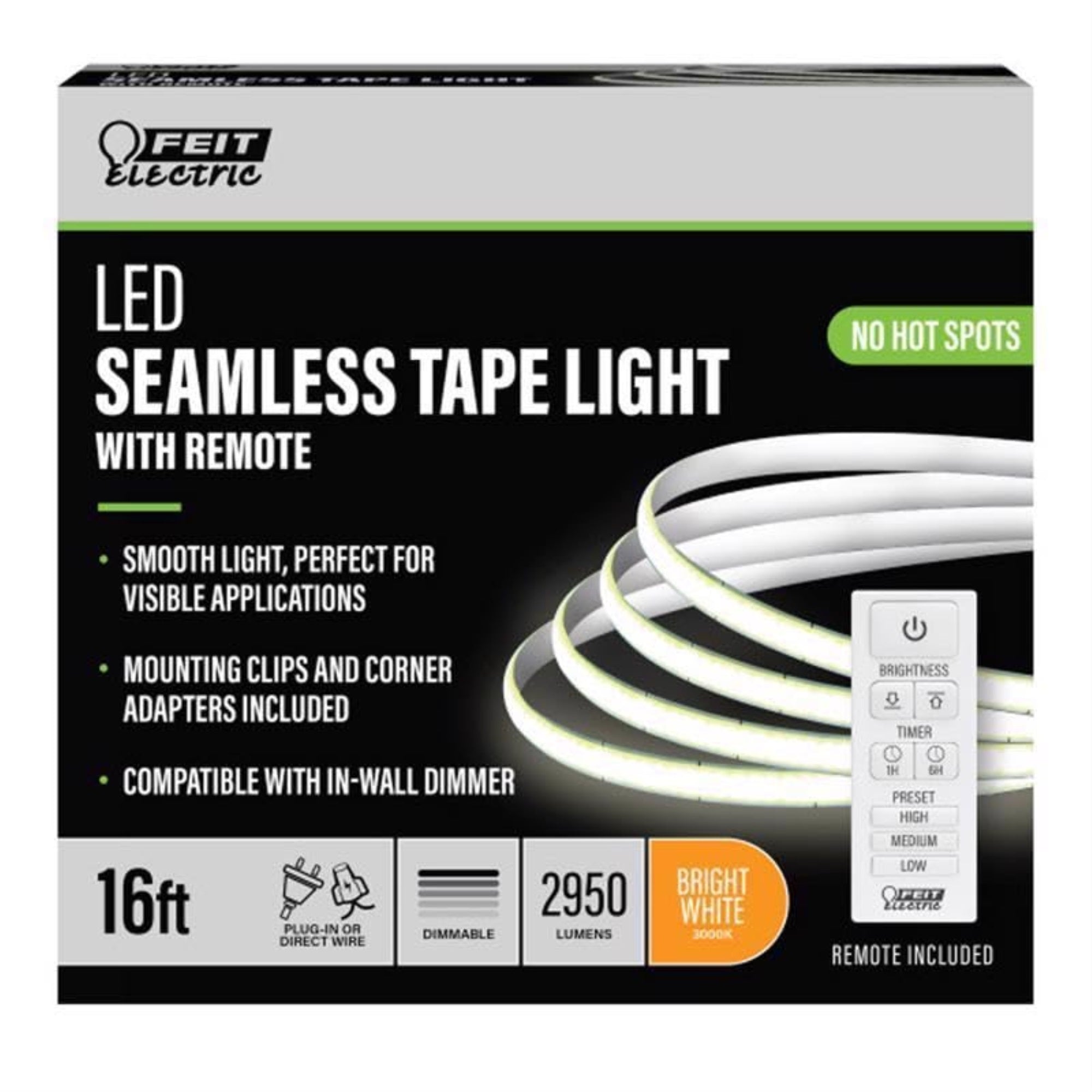 Feit Electric 16Ft Led Tape Light, Dimmable, Plug-In/Direct Wire Led Ultrathin Strip Lights For Home, 2950 Lumens, 3000K Bright White, Remote Control Included, 25,000-Hour Lifetime, Tape192/Cob/Led