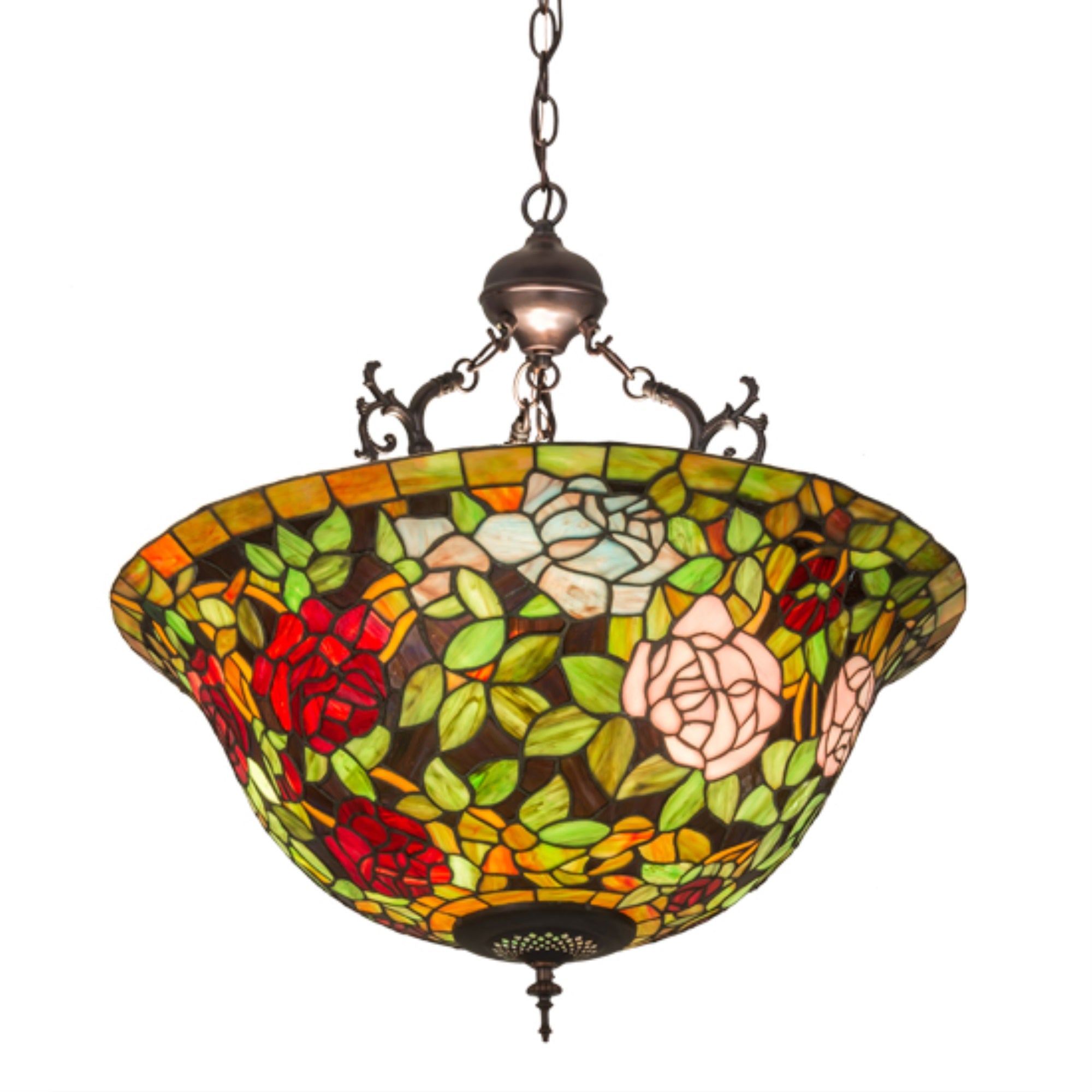 Meyda Tiffany Rosebush Inverted Pendant Light, 24in Width, Glass, Model 30469