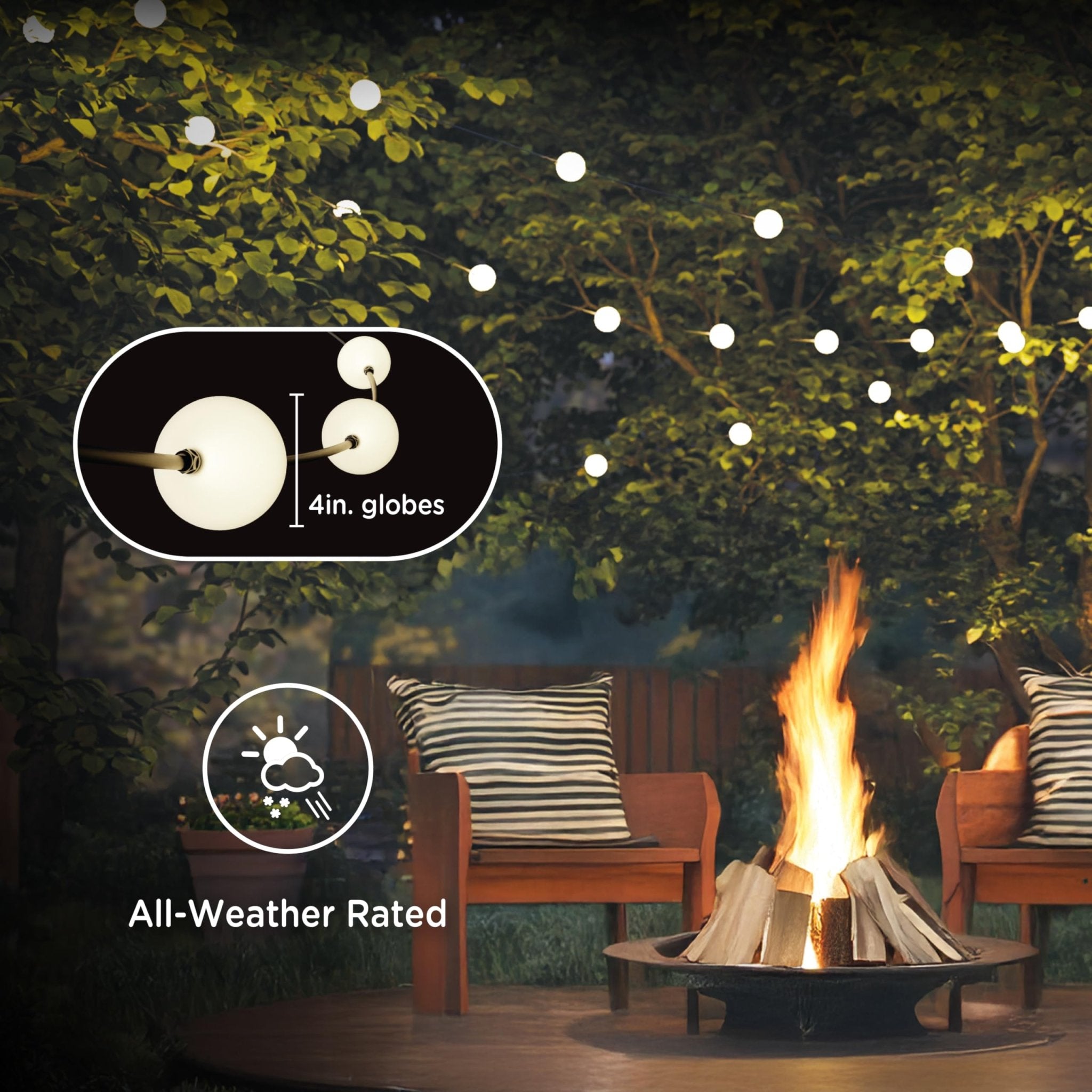 30FT Plug-In LED Strung Light 10 Large 4in Round Bulbs, 2500K Warm White LED G100 Waterproof