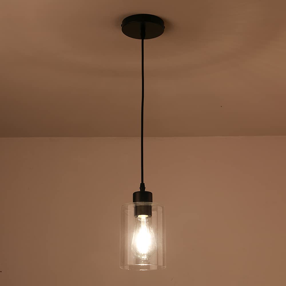 KLSS Modern Black Farmhouse Pendant Light, Clear Glass Shade, 4.75 Inch, 58 Inch Cord, 2 Pack, Ideal for Kitchen Island Decor