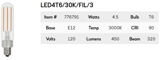 Bulbrite Item 776791 Led Filament Bulb, 3000K, Fully Compatible Dimming, Bulb Type T6, 4.5 Watts, Bulb Base E12, 450 Lumens, 120