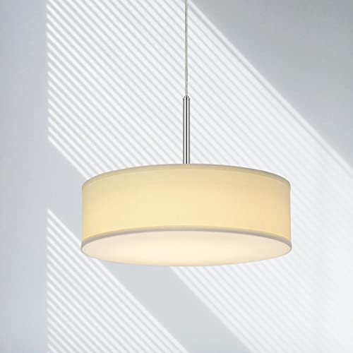 Cal LED Pendant Light 18W Dimmable with Diffuser, Off-White Fabric Shade, Model FX-3731-OW, Size 18 x 18 x 14