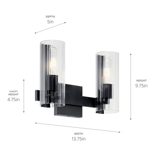 KICHLER Jemsa 2 Light Vanity, Modern Light with Clear Fluted Glass in Black for Bathroom or Powder Room (9.75 x 13.75), 55167BK