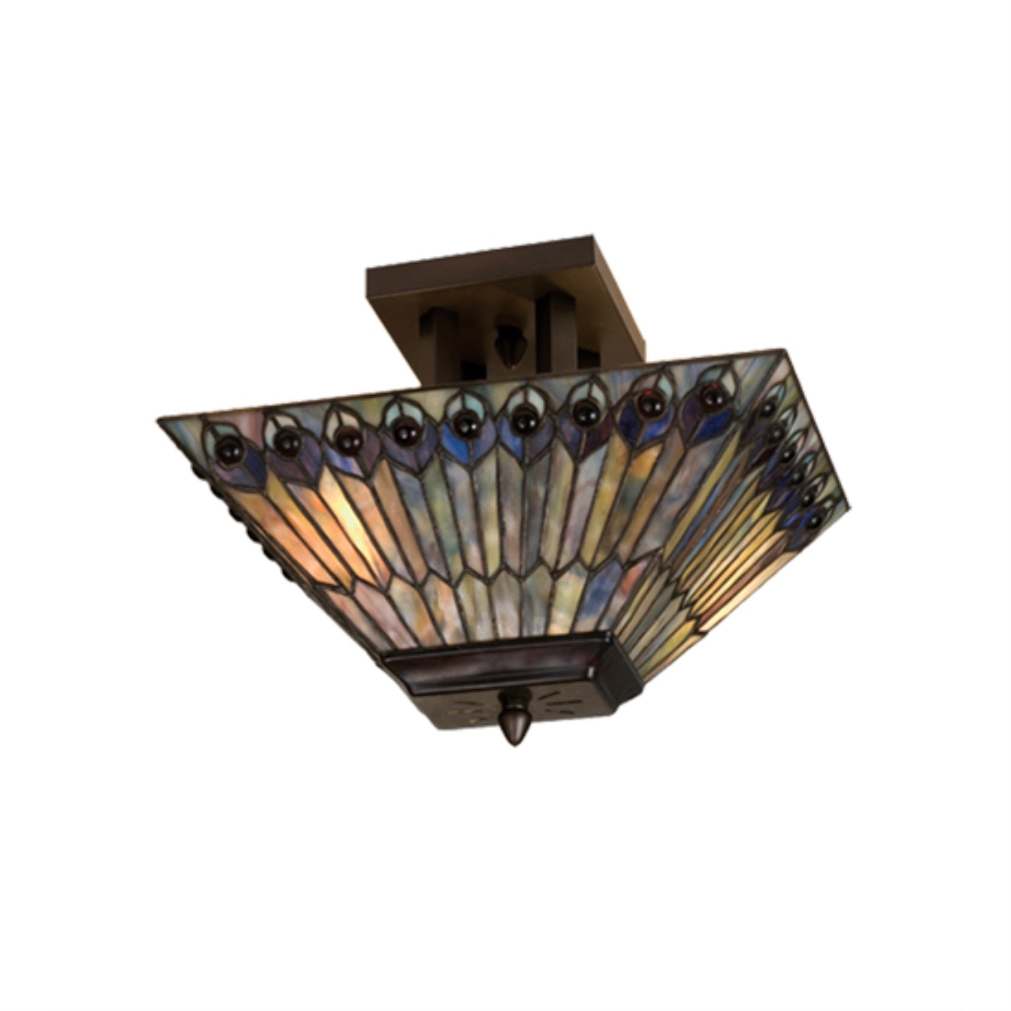 16 inchL Tiffany Jeweled Peacock Oblong Flushmount