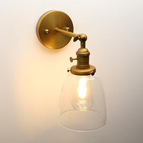 Pathson Vintage Wall Sconce Lighting, Antique Brass, Clear Glass Shade, Model YT010-D, Ideal for Living Room, Bathroom, Garage, Porch