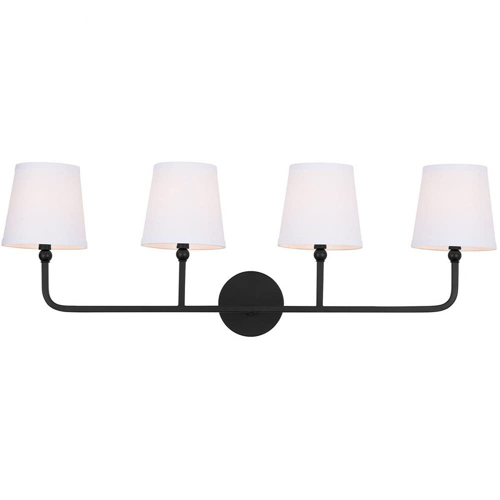 Capital Lighting Dawson Bath Vanity Wall Mount, 4-Light, Matte Black, 12inH x 35inW, Model 119341MB-674, Rustic White Fabric