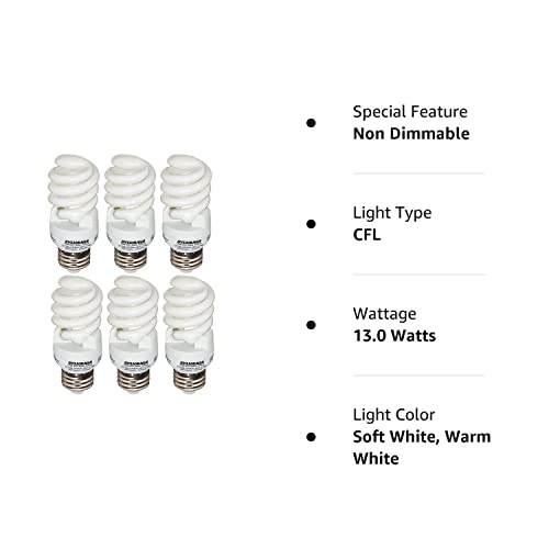 SYLVANIA 13W CFL Spiral Light Bulb, 60W Equivalent, 850 Lumens, Soft White, Non-Dimmable, 6 Pack