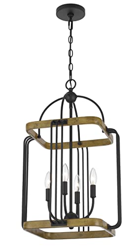 Cal Lighting FX-3772-4 Industrial Metal Chandelier, Iron/Oak, 15.75inW x 25.88inH