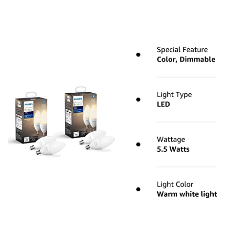 Philips Hue White B39 E12 Candle Bulbs, Bluetooth Compatible, 4 Pack, Model 548289-4, Synthetic Material