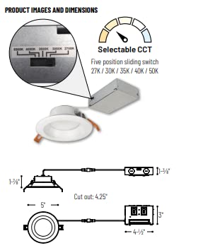 Nora Nlth-41Tw-Mpw Theia Led Downlight With Selectable Cct (2700K/3000K/3500K/4000K/5000K), No Housing Required (4'')