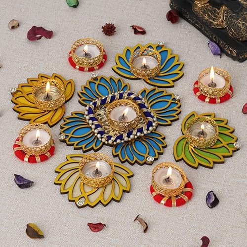 Sanvatsar Home Decorative Lotus Rangoli & Lotus Diya Set | Corporate Gift, Diwali Gift, Diya for puja Home Decoration Light Diya