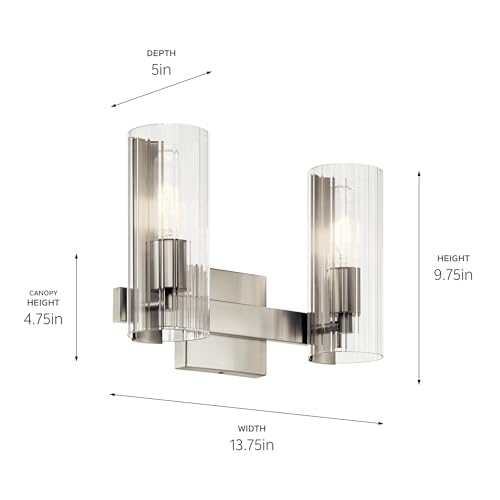 KICHLER Jemsa 2 Light Vanity, Modern Light with Clear Fluted Glass in Brushed Nickel for Bathroom or Powder Room (9.75 x 13.75),