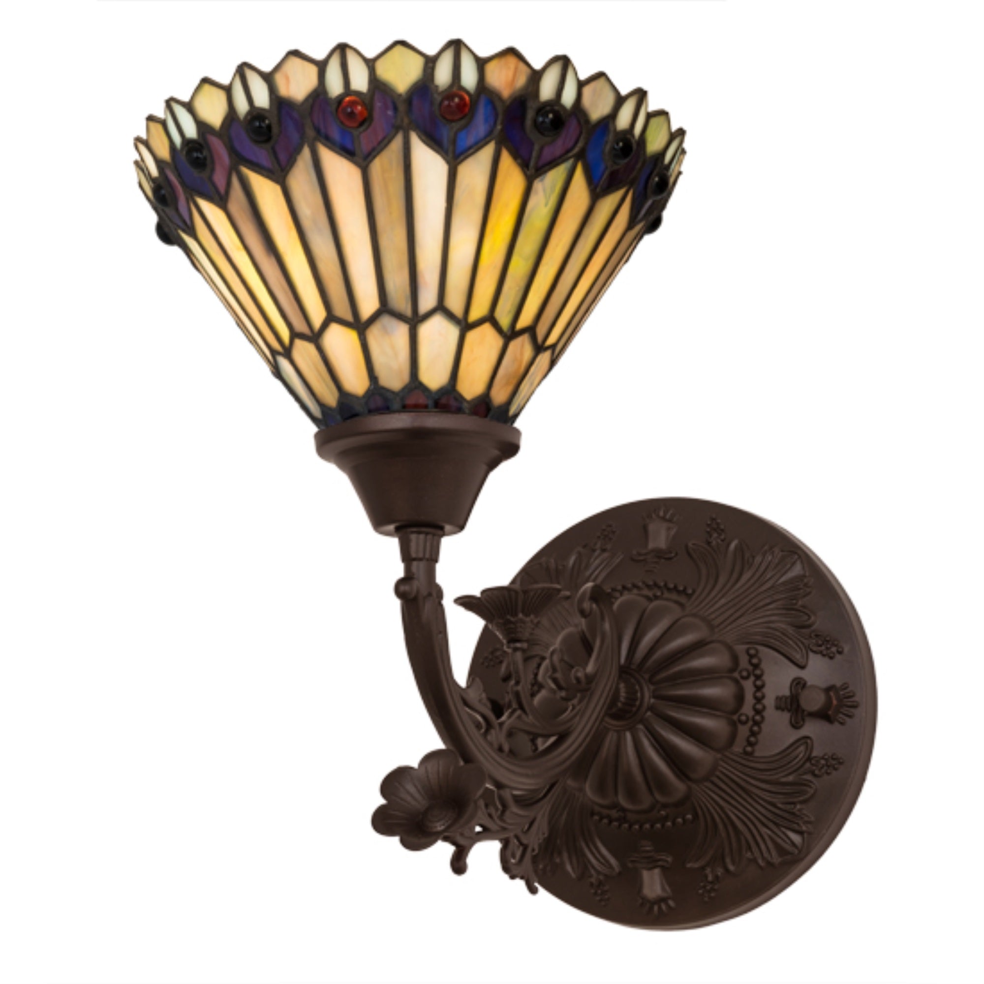 8 inchW Tiffany Jeweled Peacock Wall Sconce