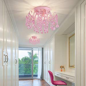 Q&S Mini Chandelier - Pink Crystal Ceiling Light Fixture, 3 Lights, Metal Design for Bedroom, Bathroom, Nursery, Model P2001-3Pink