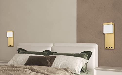Cal Lighting LA-8034 Metal LED Bedside Wall Sconce with Rocker Switch, 2 USB Ports, 7inW x 18inH, Gold