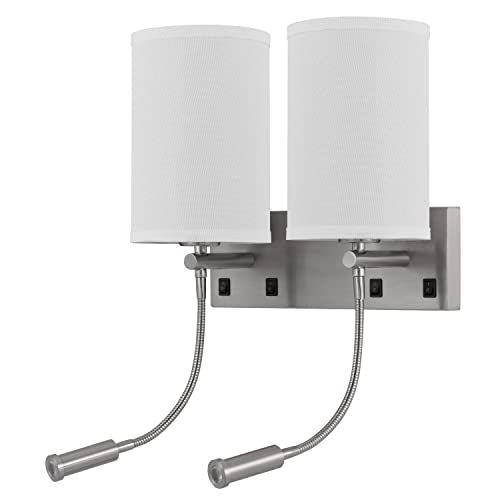 Cal Lakewood 2 Light Wall Mount with Reading Lamp, Metal, Silver, Modern Style, 23.5in Tall, 14.5in Wide