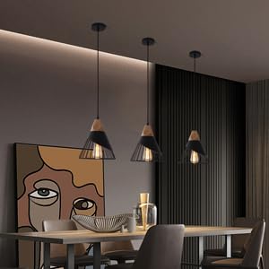 Mxsaoud 2 Pieces Modern Black Pendant Light Over Kitchen Island,Adjustable Wood Hanging Light Fixture,Industrial Pendant Lightin