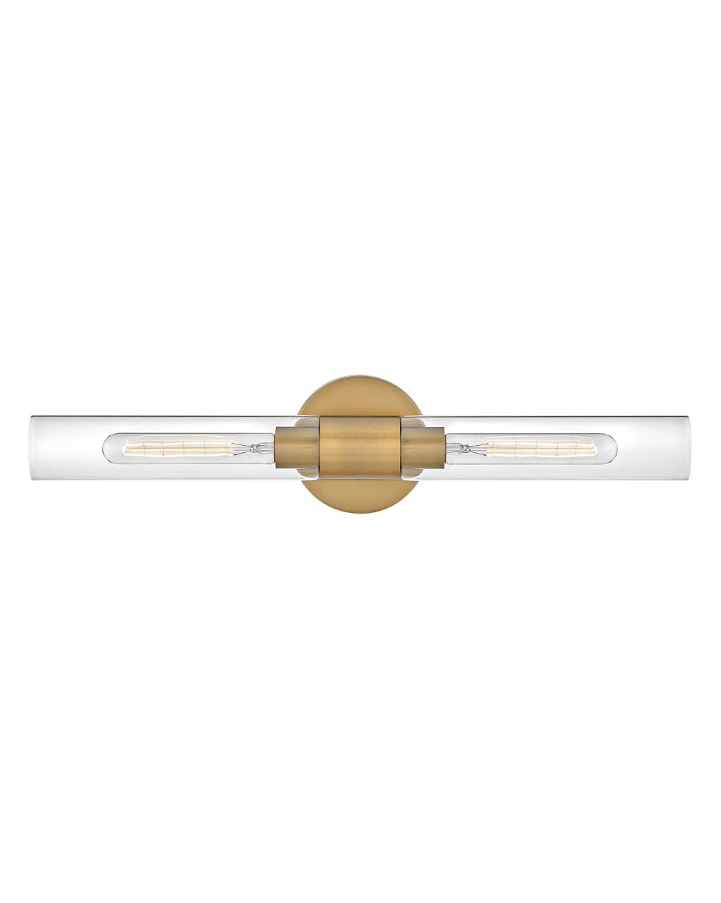 Lark Shea Two-Light Bath Vanity Fixture, Cylindrical Clear Glass Shades, Mount Vertically or Horizontally, Lacquered Brass