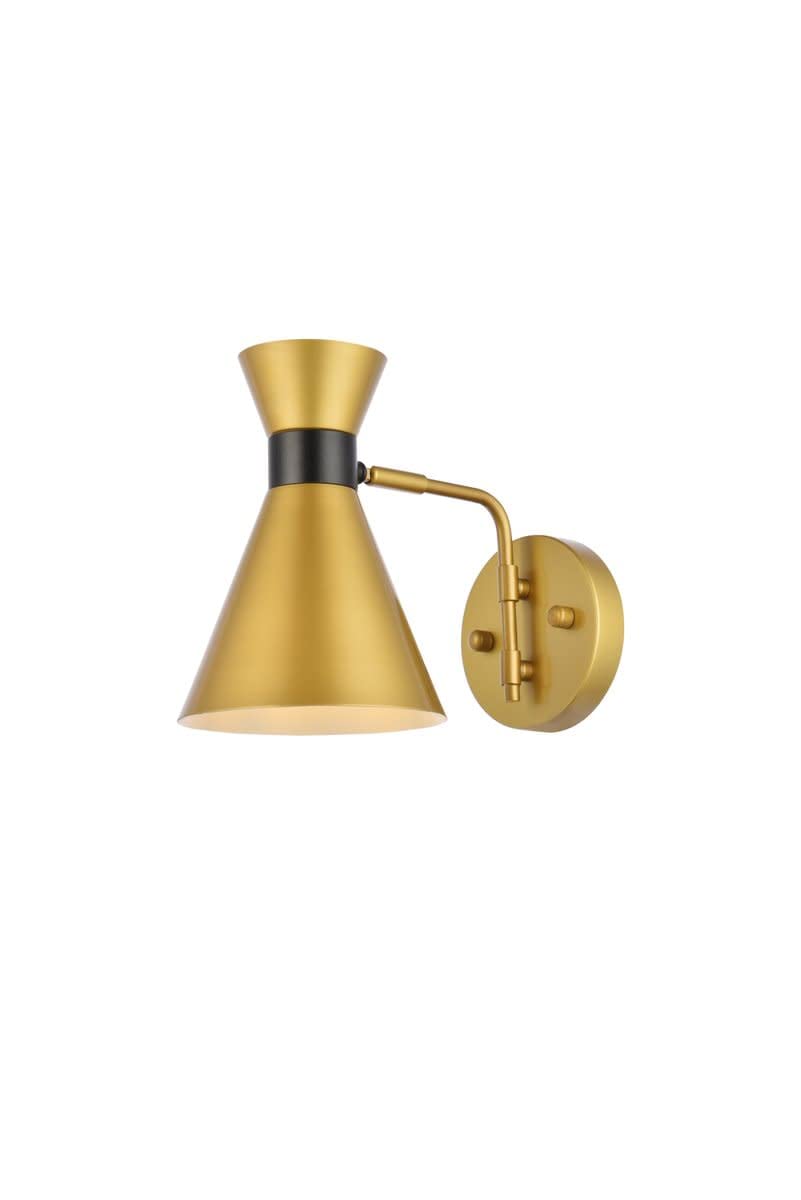 Living District Halycon Midcentury Modern 6'' Brass and Black Bathroom Wall Sconce with Round Backplate and Metal Shade