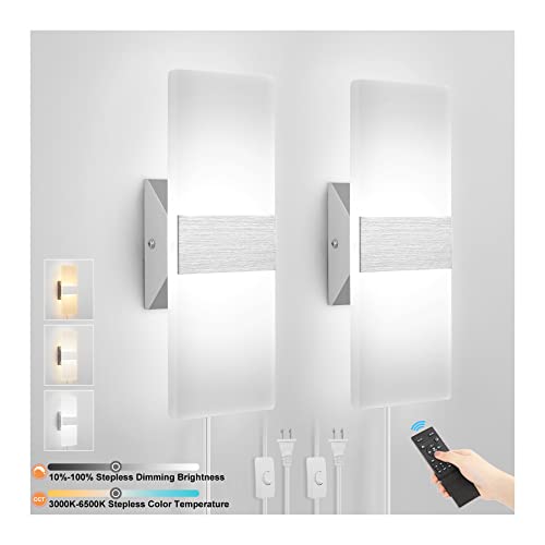 GOODATE Wall Sconces, 12W LED with Remote, Stepless 3000K-6500K Color Temperature, 2 Pack, Silver, Model YKL-01