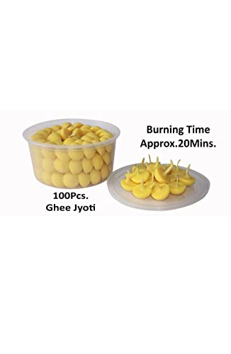 Om Phool Batti Small Cow Ghee Diya for Puja, 100 Pcs, Wax Free & Vegan Ghee Batti/Wicks/Jyot for Puja Aarti, (Pack of 1, Yellow,