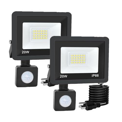 RERBIO 20W Motion Sensor Flood Light Outdoor, 2-Pack, IP66 Waterproof, 6000K Bright, Black, Aluminum