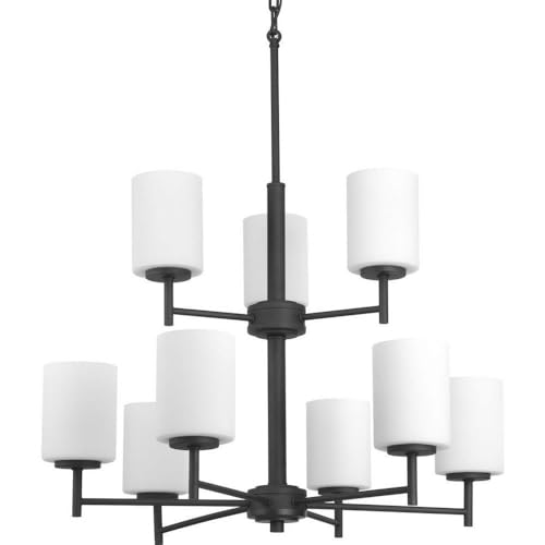Progress Lighting P4726-31 Replay Collection Etched White Glass Modern Chandelier Light, 9-Light, Textured Black