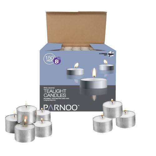 Tealight Candles in Metal Cups - Clean White Unscented Tealight Candles with 8 Hour Long Burning Time - Votive Candles Bulk for Romantic Dinner, Weddings, Spa & Hotels by PARNOO (Classic, 150, Count)
