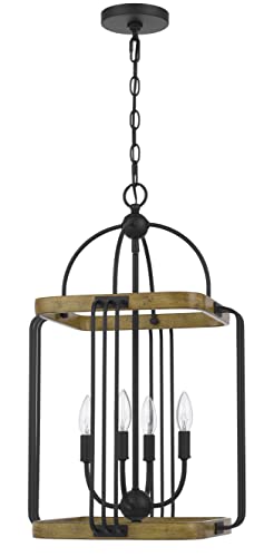 Cal Lighting FX-3772-4 Industrial Metal Chandelier, Iron/Oak, 15.75inW x 25.88inH